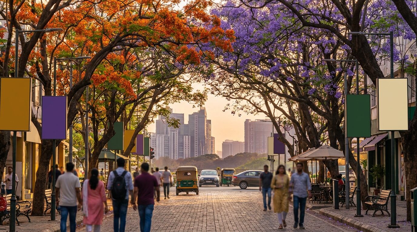 The Bengaluru city skyline at golden hour.
