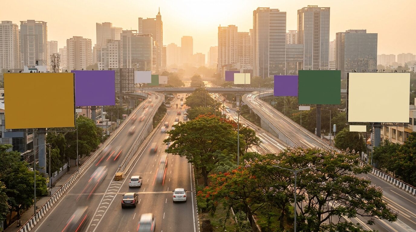 A Bengaluru arterial road at dusk with illuminated billboard hoardings and moving traffic.