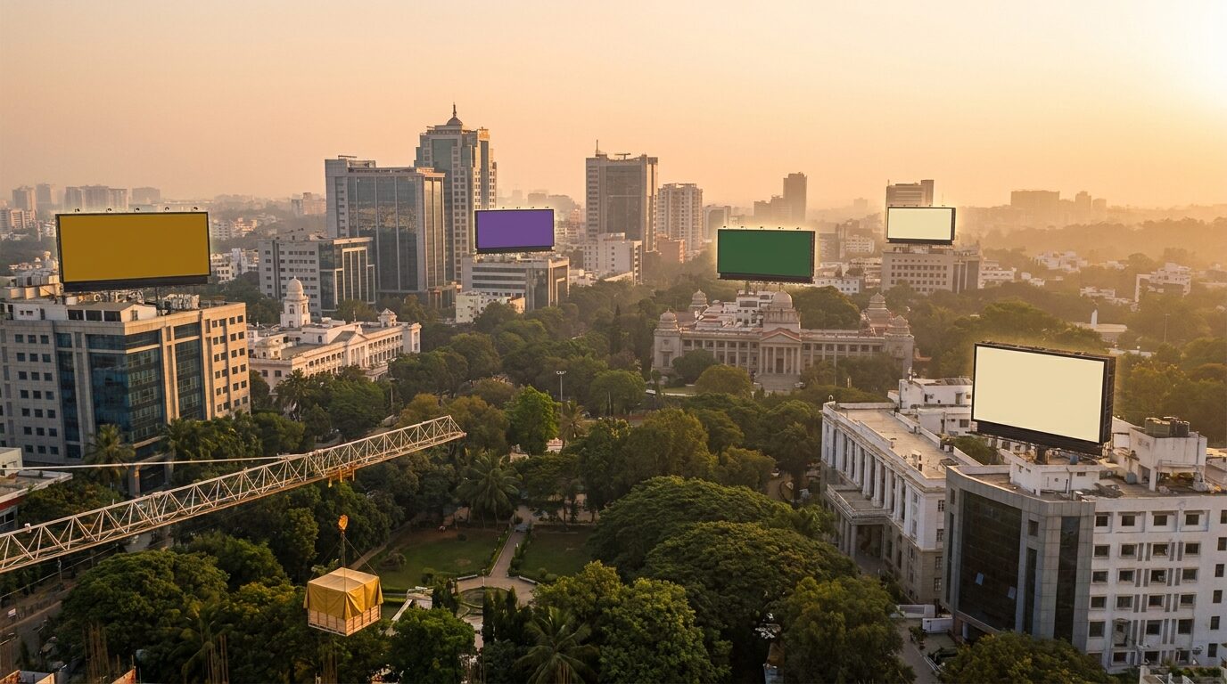 A wide cinematic Bengaluru skyline at blue hour with glowing hoardings.