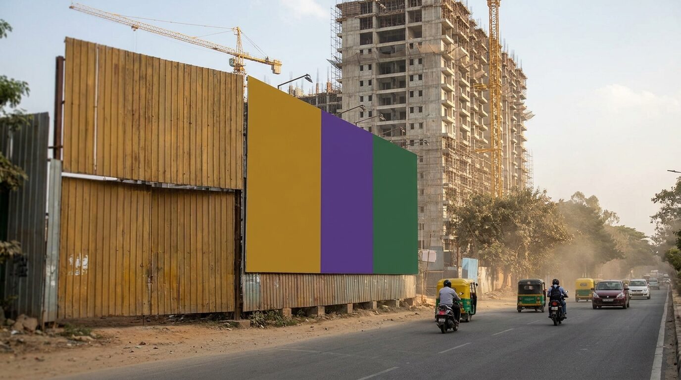 A premium residential tower at dusk in Bengaluru with a hoarding on the approach road.