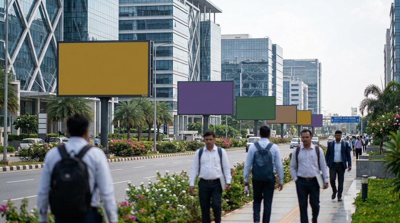 The Bengaluru Outer Ring Road IT corridor at dusk with glass office towers.
