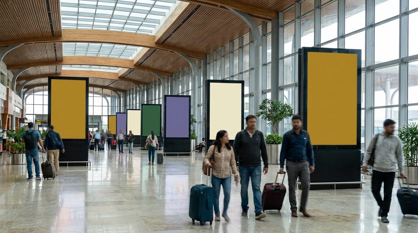 Premium advertising displays inside the Bengaluru Kempegowda International Airport terminal.