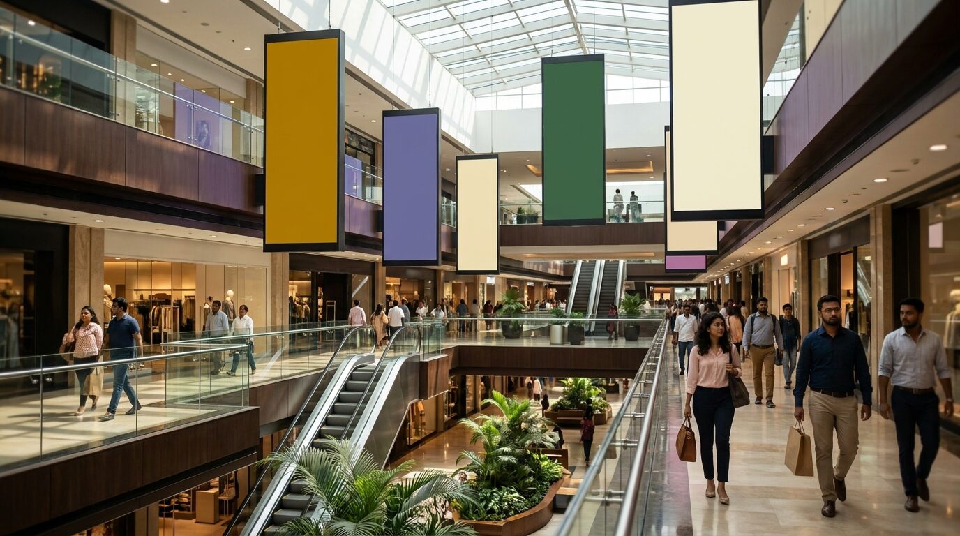 A digital advertising screen inside a modern Bengaluru shopping mall atrium.