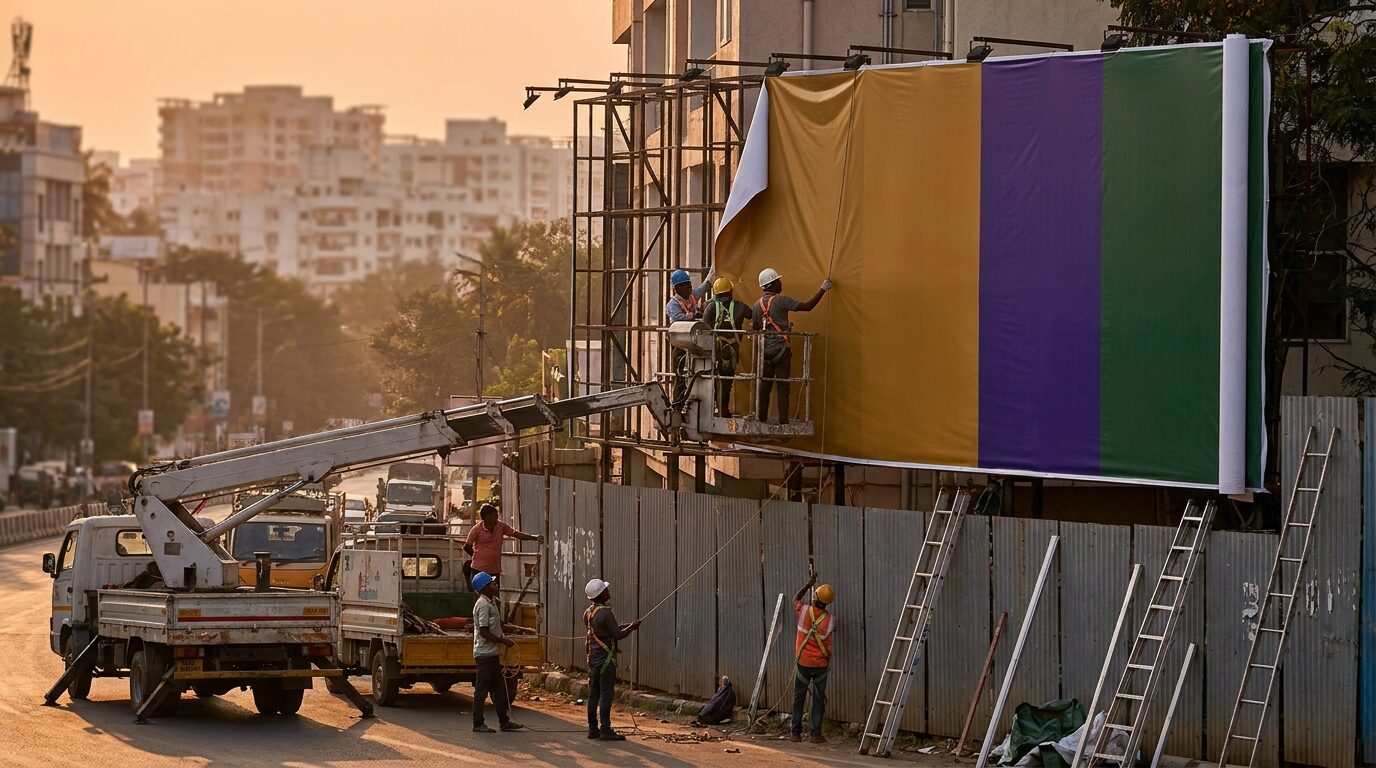 Workers installing a large printed billboard at dusk in Bengaluru.