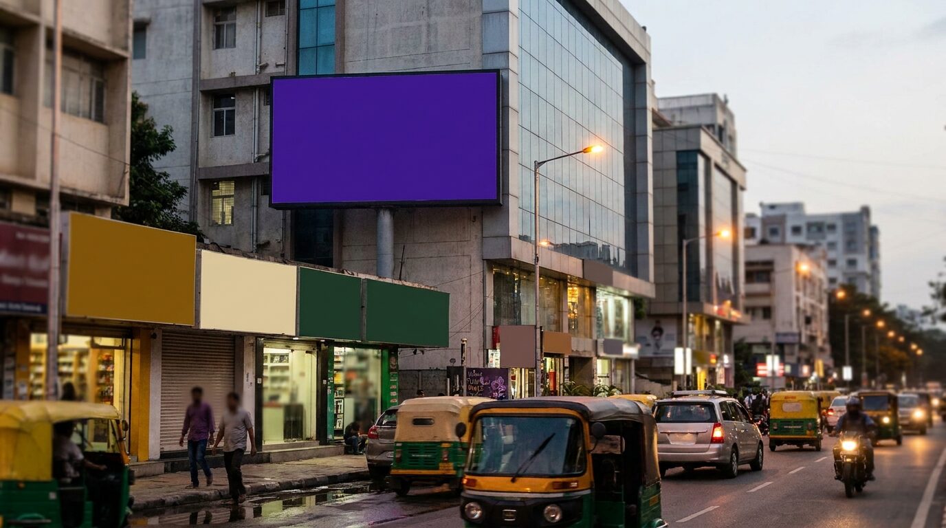 A bright LED digital billboard screen above a Bengaluru street at dusk.
