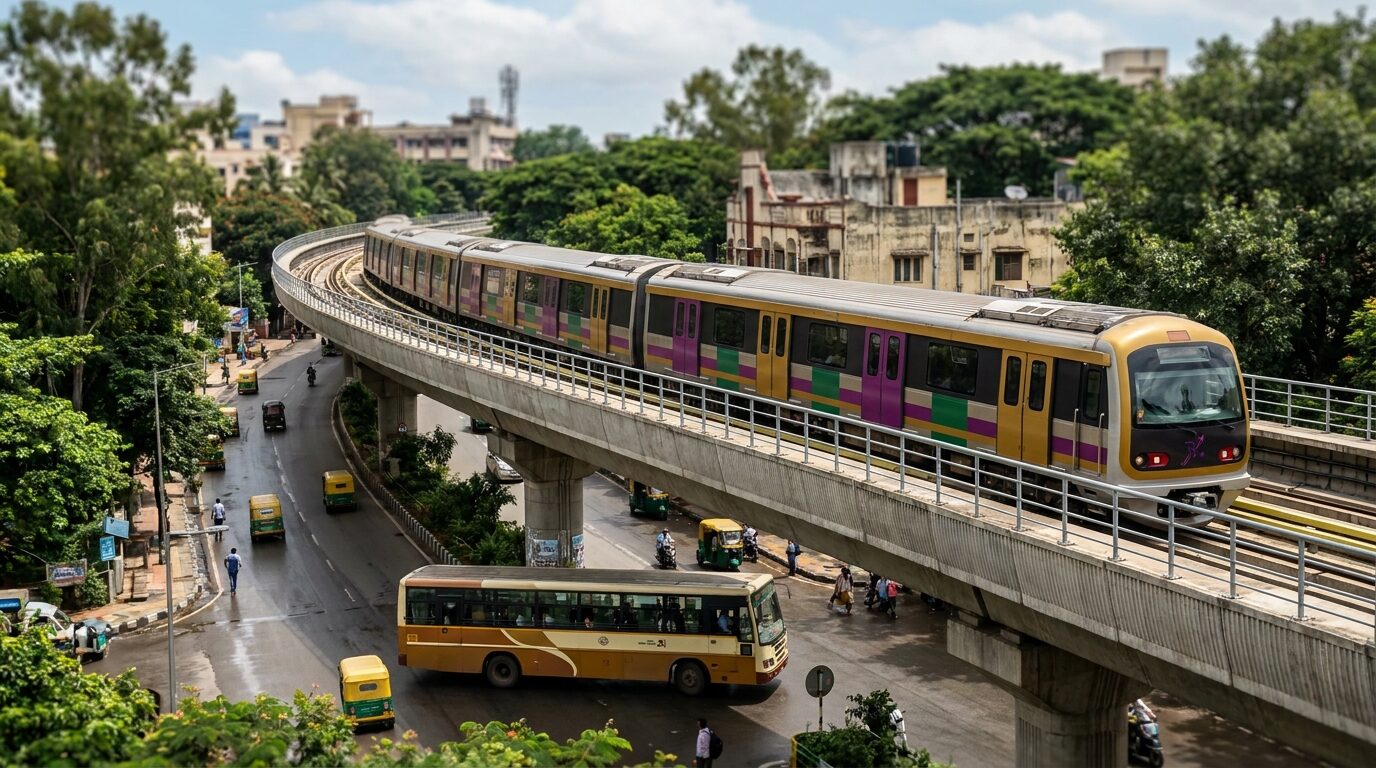 A Namma Metro train and a city bus carrying advertising in Bengaluru at dusk.
