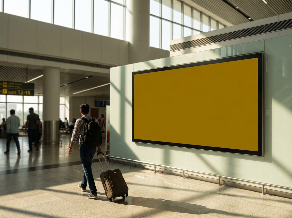 A departure-gate advertising display at Bengaluru airport in soft evening light.