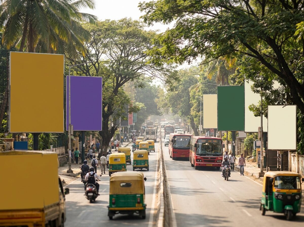 A premium billboard hoarding on a Bengaluru flyover at dusk with traffic light trails below.