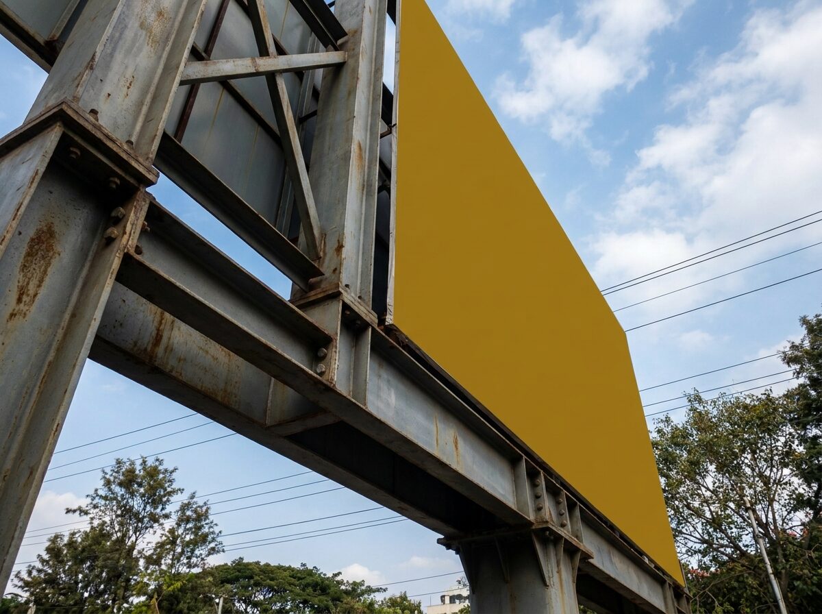 Low-angle view of a towering billboard hoarding against a dramatic Bengaluru dusk sky.